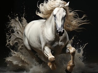 Strong White Horse Galloping with Water Splashes on Black Background