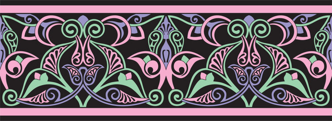 Vector colored seamless oriental national ornament. Endless ethnic floral border, arab peoples frame. Persian painting