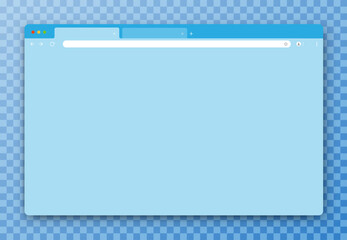 The design of the web browser window is blue on a transparent background. An empty website layout with a search bar and toolbar. Vector illustration. - obrazy, fototapety, plakaty