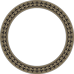 Vector round gold and black Indian national ornament. Ethnic plant circle, border. Frame, flower ring. Poppies and leaves..