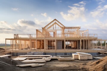 Unfinished house during construction work. New home and real estate concept.