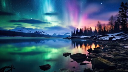 Green and pink aurora borealis over snow-capped mountains with reflection in a lake. - obrazy, fototapety, plakaty