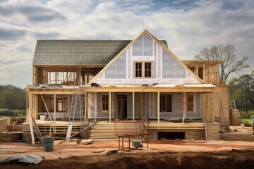 Unfinished house during construction work. New home and real estate concept.