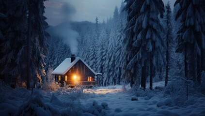 Cozy cabin nestled in a snow-covered forest with illuminated windows on a foggy winter night.