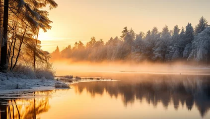 Fotobehang Mistige ochtendstond Winter sunrise over a lake surrounded by snow-covered trees and mist.