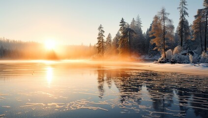 Snow-covered forest at sunrise with tree reflections in a frozen lake.