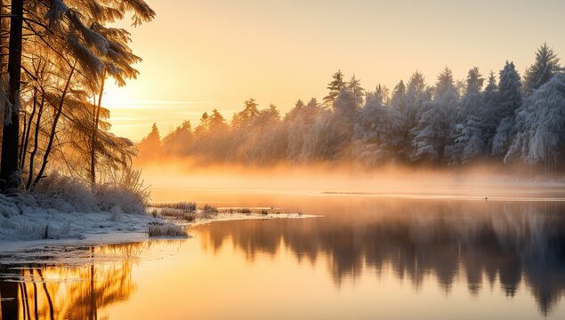 Winter sunrise over a lake surrounded by snow-covered trees and mist.