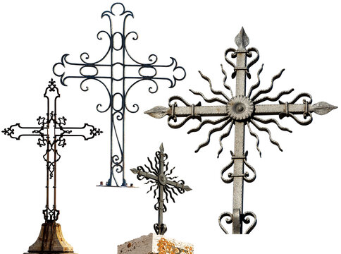 Collection of Religious Crosses in wrought iron isolated on white or transparent background, Italy, Europe. png.