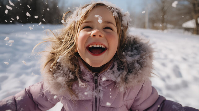 Young Girl Laughing and Gleefully Tossing Snow into the Air in a Picturesque Snowy Landscape