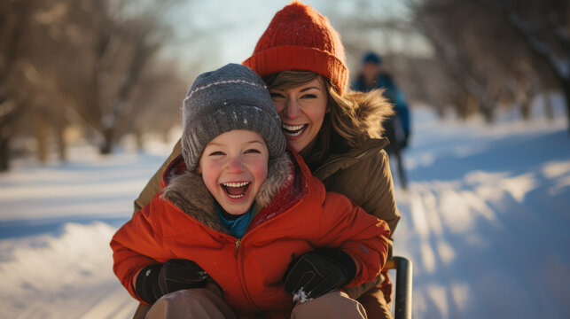 Mother and son enjoy the winter, laughing as they sled through a snowy landscape.