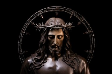 Old sculpture of Jesus Christ with crown of thorns - obrazy, fototapety, plakaty
