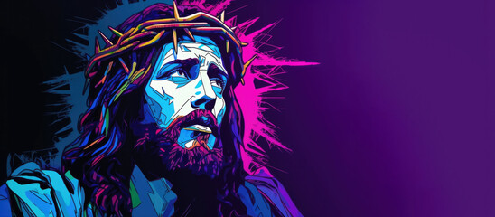 Graffiti portrait illustration of Jesus Christ with a crown of thorns with copy space on a purple background - obrazy, fototapety, plakaty