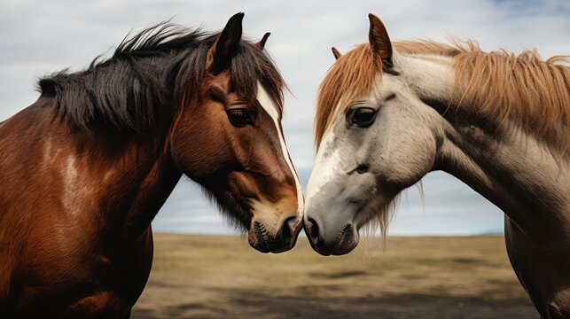 Intimate Portrait of Two Horses Head-to-Head. Generative AI © Godam
