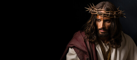 Photorealist image of Jesus Christ with a crown of thorns with copy space - obrazy, fototapety, plakaty