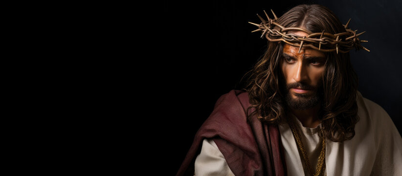 Photorealist image of Jesus Christ with a crown of thorns with copy space