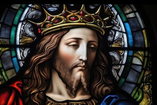 Stained glass window image of Jesus Christ with a crown