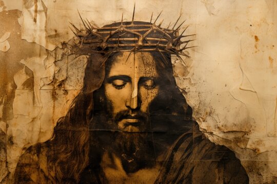 Ancient illustration of Jesus Christ with a crown of thorns