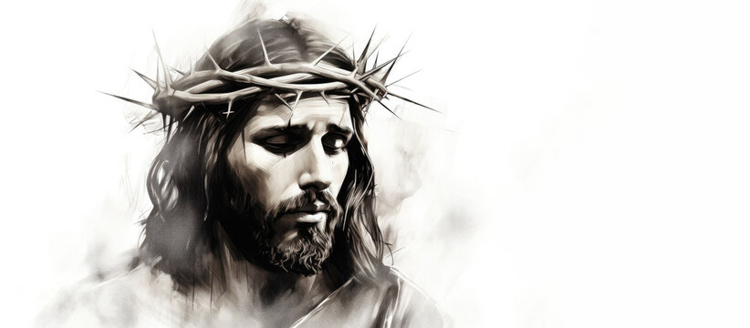 Black and white watercolor illustration of Jesus Christ with a crown of thorns with copy space