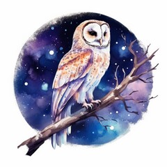 Watercolor magical owl sitting on a tree branch for T-shirt Design.