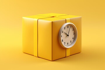 Prompt delivery with time and packaging: yellow parcel with alarm or timer on yellow background. Generative AI