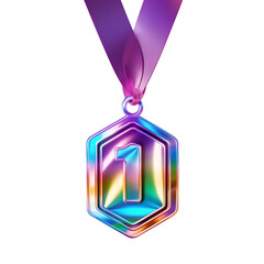 Holographic winner medal isolated. Metallic award. Number 1 medal ribbon. Victory champion trophy.