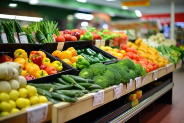 Fruits and vegetables on shop stand in supermarket grocery store.