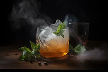 Fotobehang A smoky rum cocktail with ice cubes. Generative AI © Indigo