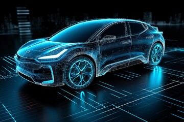 futuristic electric car with a holographic wireframe digital technology, Electric Vehicle