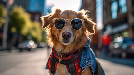 A happy dog wearing cool sunglasses and carrying a backpack on the street