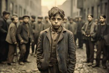 Fototapeta na wymiar A boy standing on the street. Vintage 1900s style street photography.