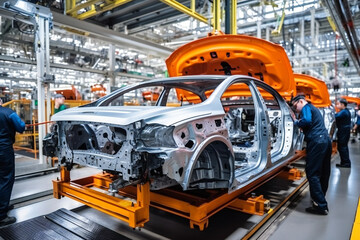 Fototapeta premium Workers working on a car assembly line