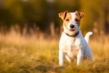 Happy jack russell terrier pet dog waiting, listening in the grass.