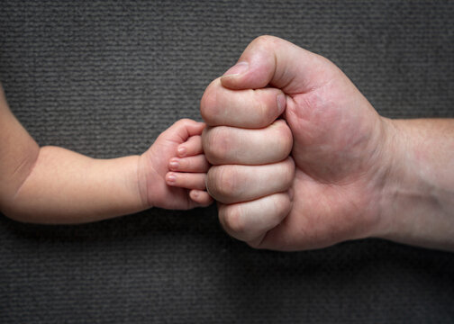 Big daddy's fist and newborn baby's fist on a gray background. Father's care and love
