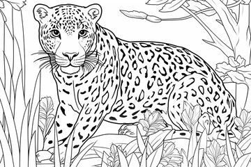 Coloring page of e leopard in the jungle. Educational printable coloring worksheet. Baby animal in jungle. Coloring activity for children. - obrazy, fototapety, plakaty