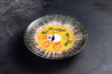 Cream soup with shrimp. On a dark background.