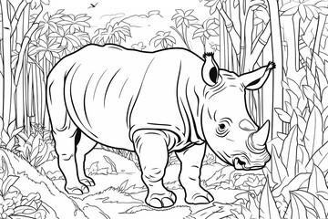 Coloring page of a rhinoceros in the jungle. Educational printable coloring worksheet. Baby animal in jungle. Coloring activity for children.