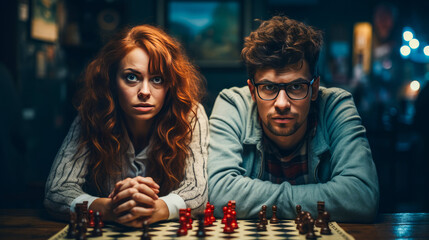 Confused couple playing chess indoors. - obrazy, fototapety, plakaty