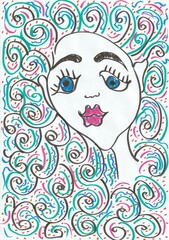 portrait of a woman, curly  colorful hair, cartoon