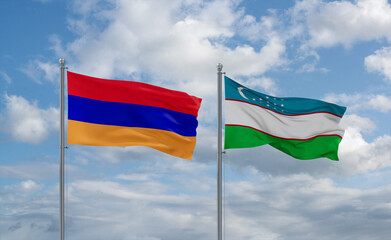 Uzbekistan and Armenia flags, country relationship concept