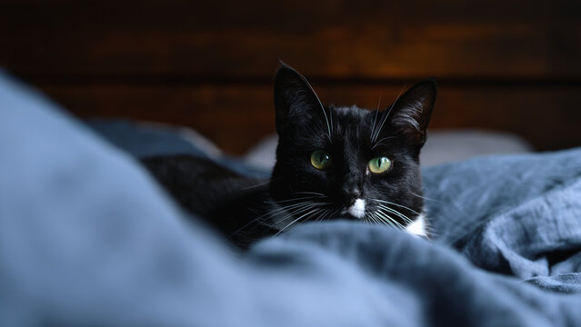Sleepy black and white fluffy cat with green eyes rests on comfy linen bed