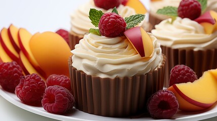 Raspberry and Peach Delight Cupcakes on white background. Generative AI