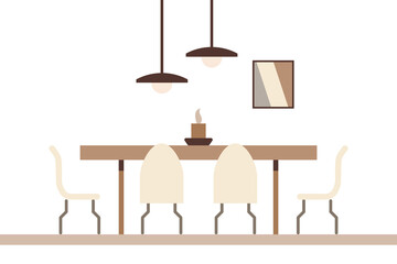 Fototapeta premium Dining table in the living room with chairs, a house plant on the table, a poster, a shelf with books and modern lamps. Flat interior in minimal style, vector