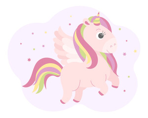 Cute magical unicorn with rainbow mane and rainbow tail in love. Baby illustration, postcard, vector