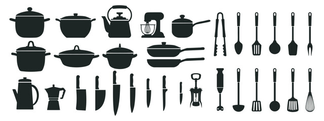 Big set of kitchen utensils, silhouette. Pots, frying pans, ladle, kettle, coffee maker, mixer, blender, knives. Icons, vector