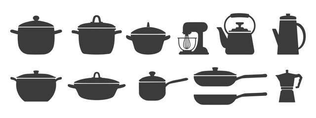 Big set of kitchen utensils, silhouette. Pots, pans, ladle, kettle, coffee maker, mixer, blender. Icons, vector - obrazy, fototapety, plakaty