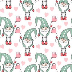 Seamless pattern, cute Christmas gnomes with heart balloons. Print, children's textile, vector