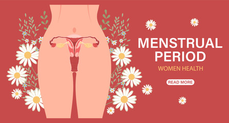 Menstrual period Landing page template. Female body, woman's groin with flowers. Woman health concept. Illustration, vector - obrazy, fototapety, plakaty