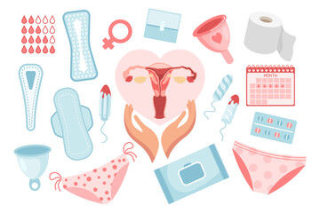 Feminine hygiene set. Menstrual period concept. Menstrual cup, tampons, uterus, soap, panties, monthly calendar, sanitary napkin and pills. Vector - obrazy, fototapety, plakaty