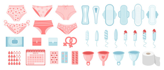 Feminine hygiene set. Menstrual period concept. Menstrual cup, tampons, soap, panties, monthly calendar, sanitary napkin and pills. Vector - obrazy, fototapety, plakaty