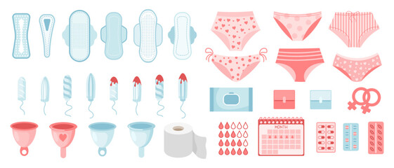 Feminine hygiene set. Menstrual period concept. Menstrual cup, tampons, soap, panties, monthly calendar, sanitary napkin and pills. Vector - obrazy, fototapety, plakaty